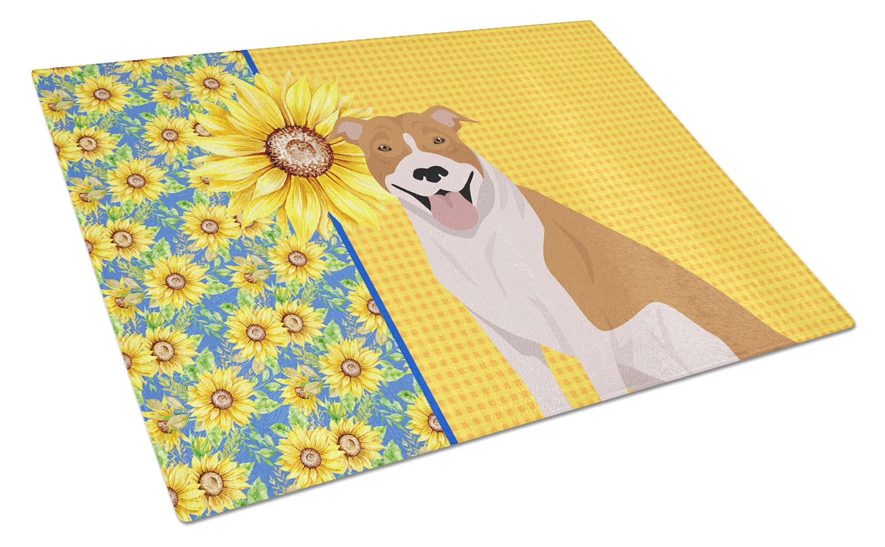 Summer Sunflowers Red and White Pit Bull Terrier Glass Cutting Board Decorative Tempered Glass Kitchen Cutting and Serving Board Large Size Chopping Board