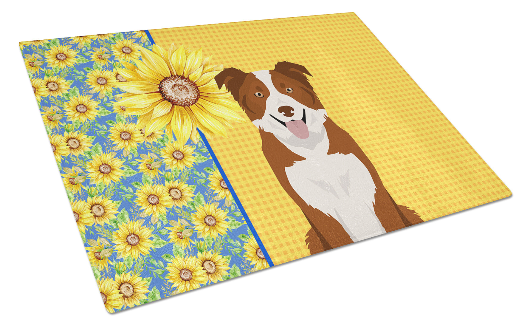 Summer Sunflowers Red and White Border Collie Glass Cutting Board Decorative Tempered Glass Kitchen Cutting and Serving Board Large Size Chopping Board