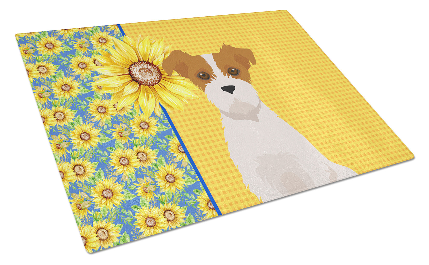 Summer Sunflowers Brown White Wirehair Jack Russell Terrier Glass Cutting Board Decorative Tempered Glass Kitchen Cutting and Serving Board Large Size Chopping Board