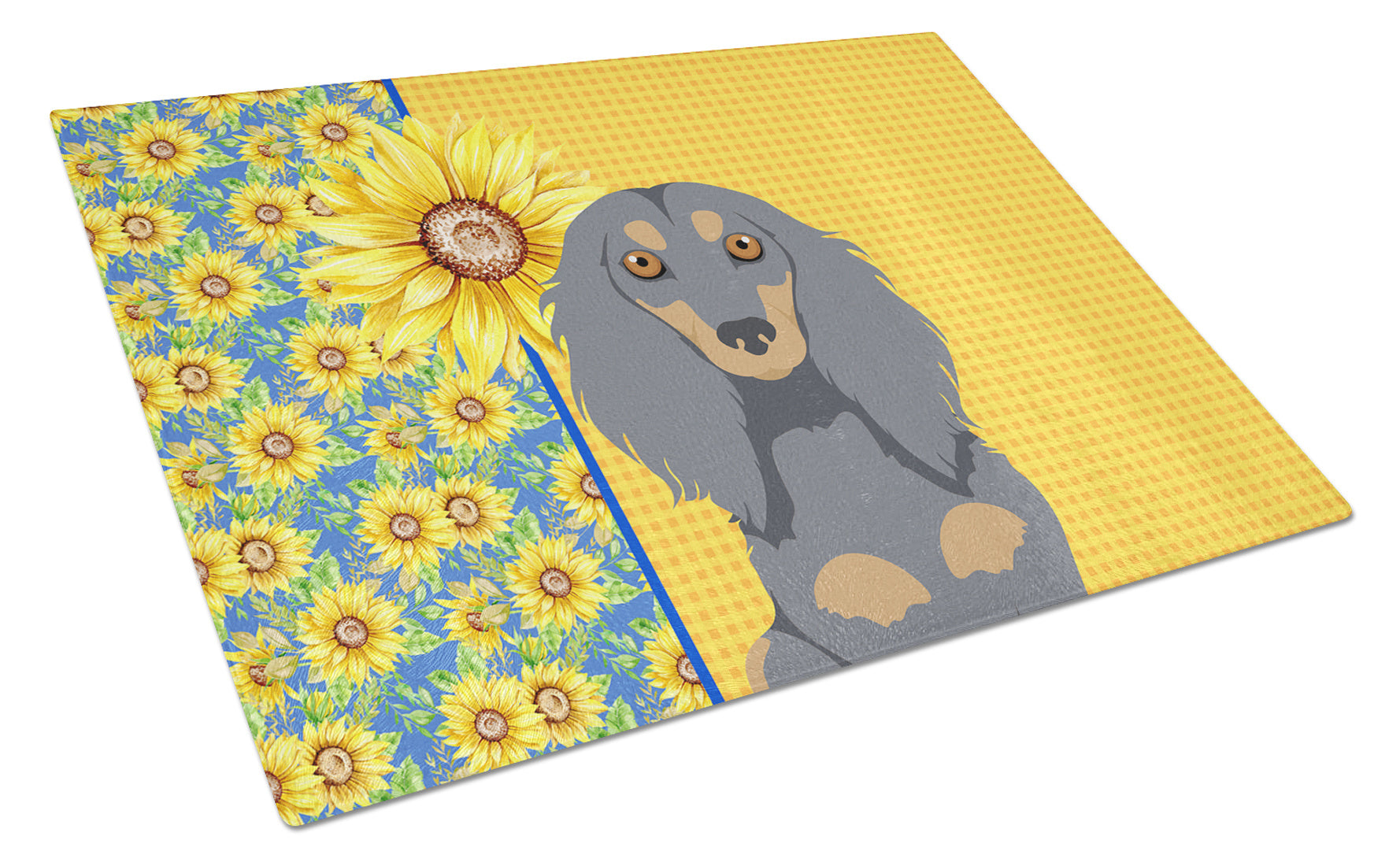 Summer Sunflowers Longhair Blue and Tan Dachshund Glass Cutting Board Decorative Tempered Glass Kitchen Cutting and Serving Board Large Size Chopping Board