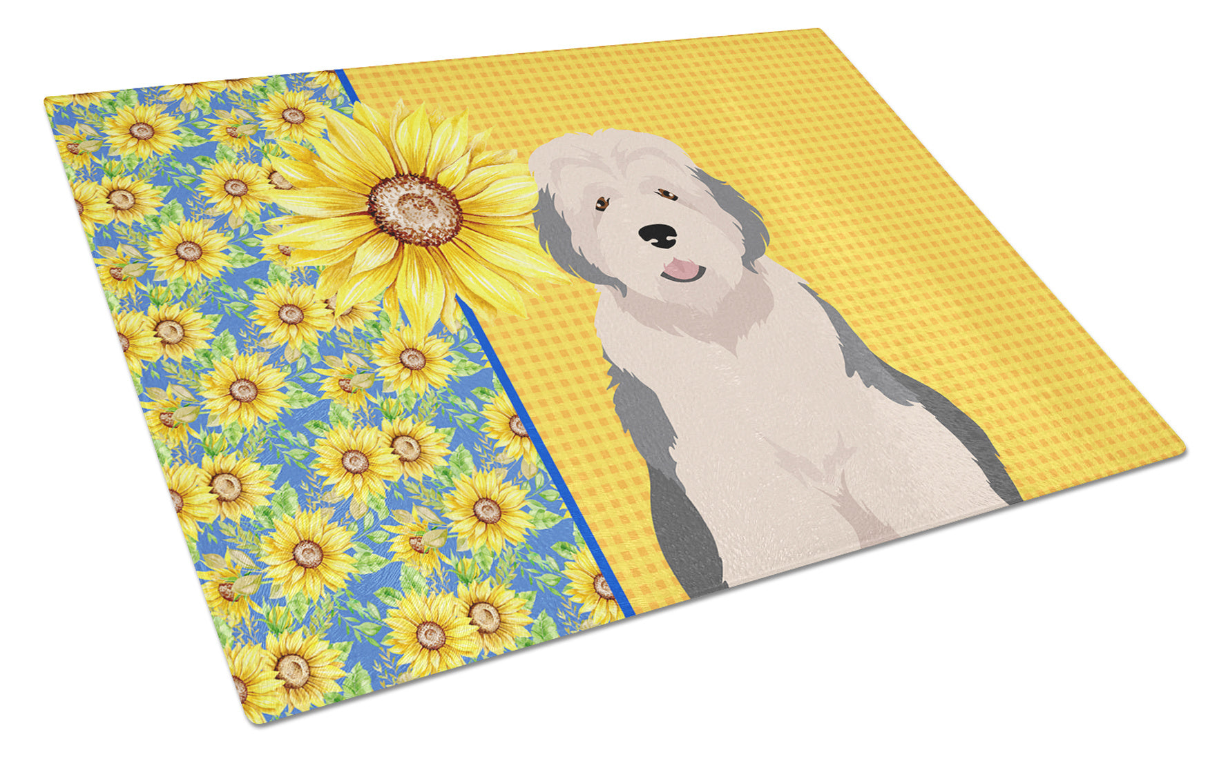 Summer Sunflowers Old English Sheepdog Glass Cutting Board Decorative Tempered Glass Kitchen Cutting and Serving Board Large Size Chopping Board