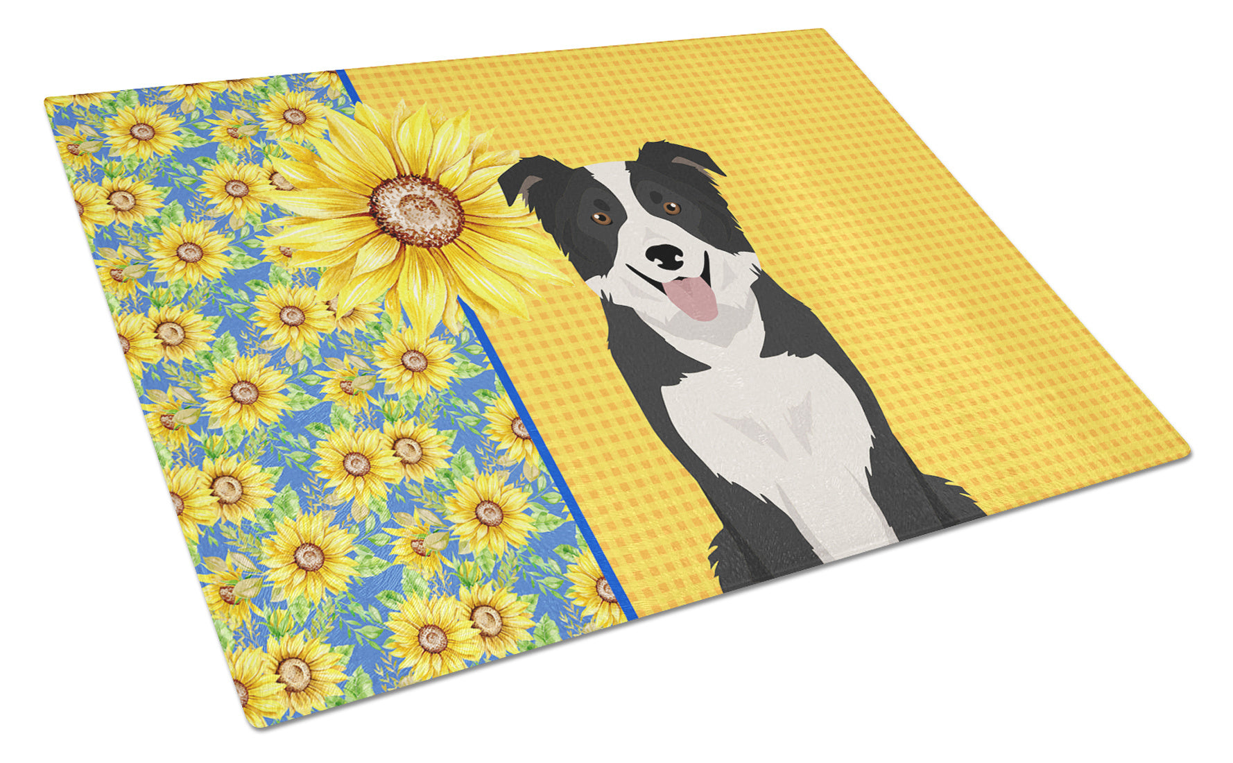 Summer Sunflowers Black and White Border Collie Glass Cutting Board Decorative Tempered Glass Kitchen Cutting and Serving Board Large Size Chopping Board