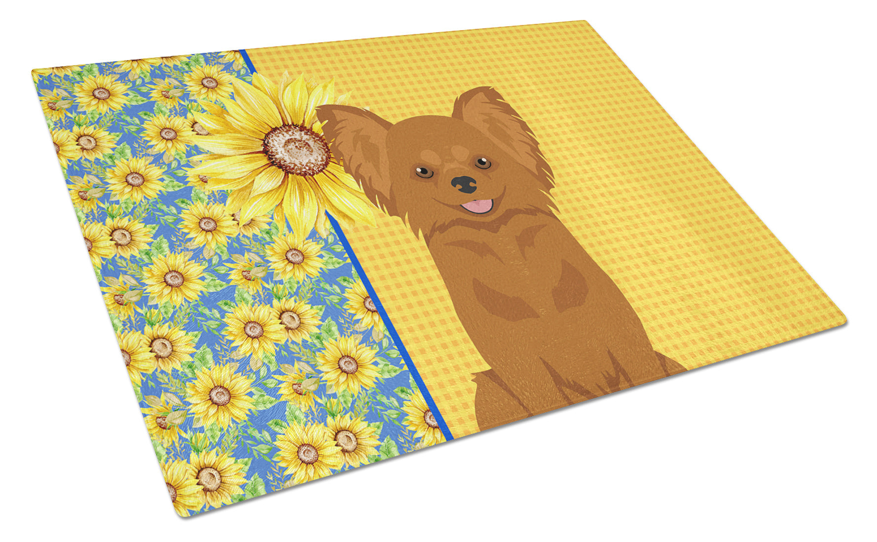 Summer Sunflowers Longhaired Red Chihuahua Glass Cutting Board Decorative Tempered Glass Kitchen Cutting and Serving Board Large Size Chopping Board