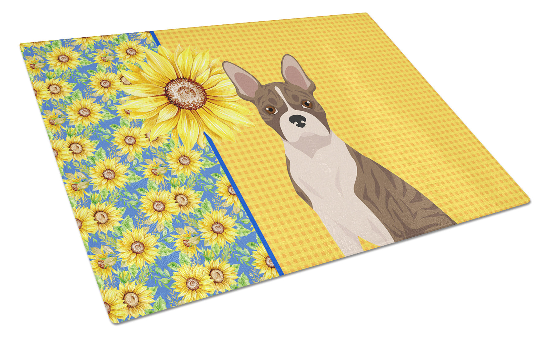 Summer Sunflowers Brindle Boston Terrier Glass Cutting Board Decorative Tempered Glass Kitchen Cutting and Serving Board Large Size Chopping Board