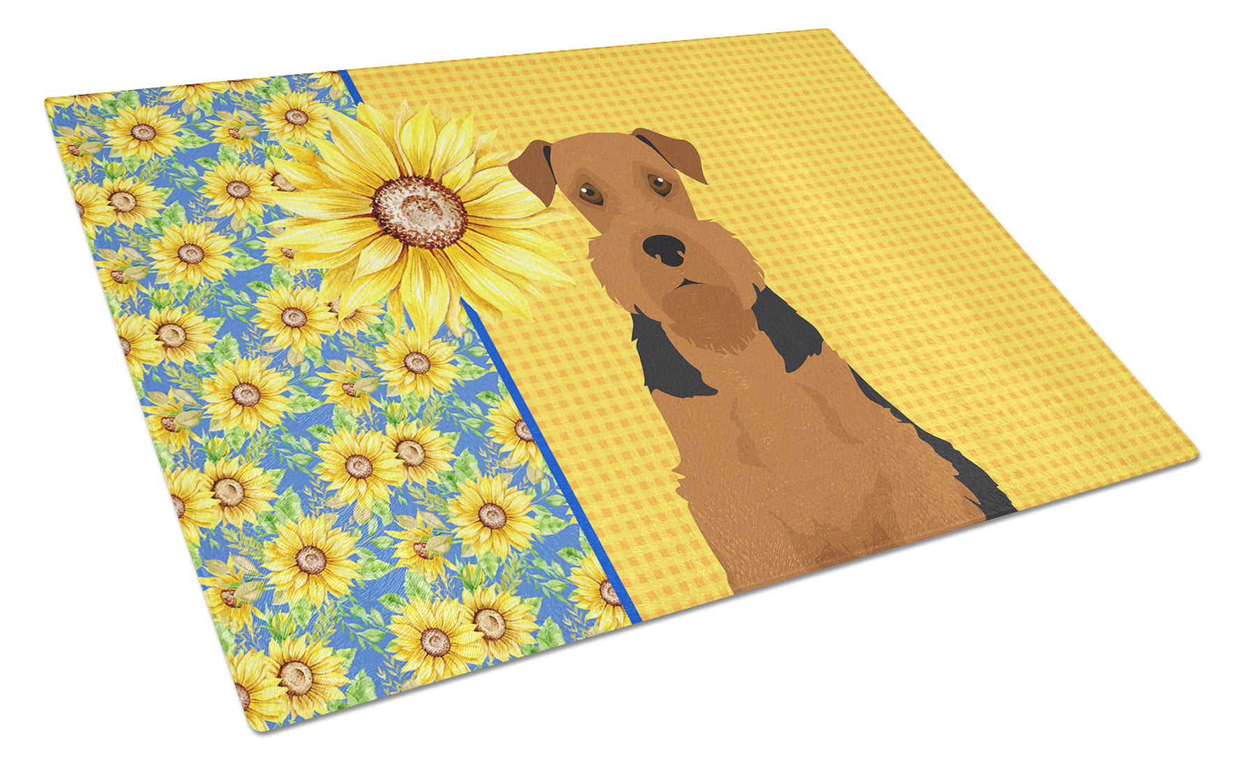 Summer Sunflowers Black and Tan Airedale Terrier Glass Cutting Board Decorative Tempered Glass Kitchen Cutting and Serving Board Large Size Chopping Board