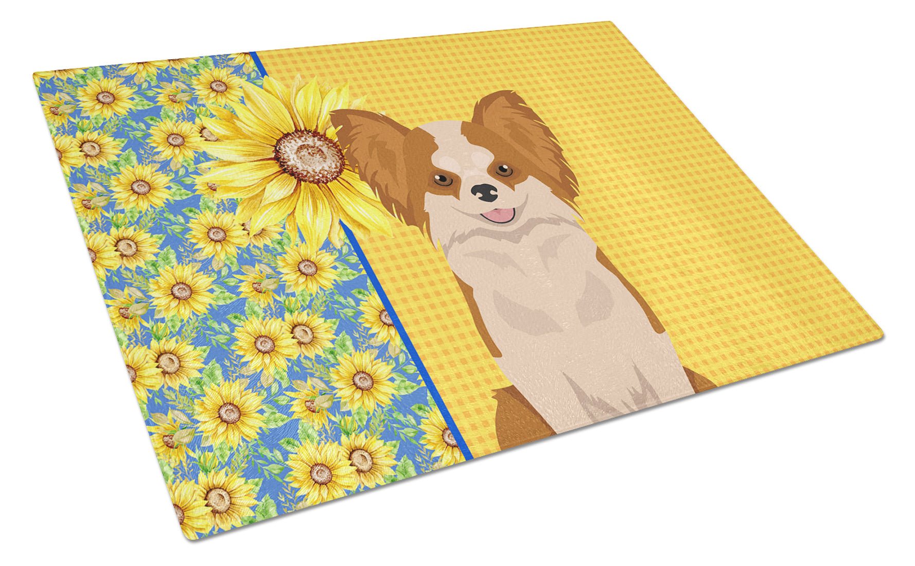 Summer Sunflowers Longhaired Red and White Chihuahua Glass Cutting Board Decorative Tempered Glass Kitchen Cutting and Serving Board Large Size Chopping Board