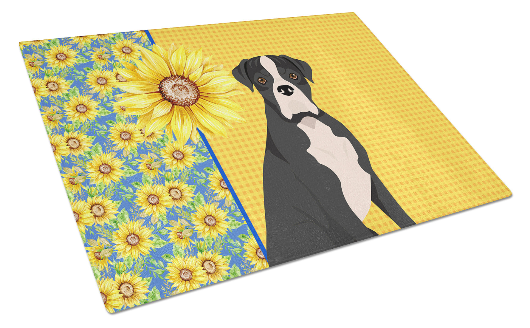 Summer Sunflowers Natural Eared Black Boxer Glass Cutting Board Decorative Tempered Glass Kitchen Cutting and Serving Board Large Size Chopping Board