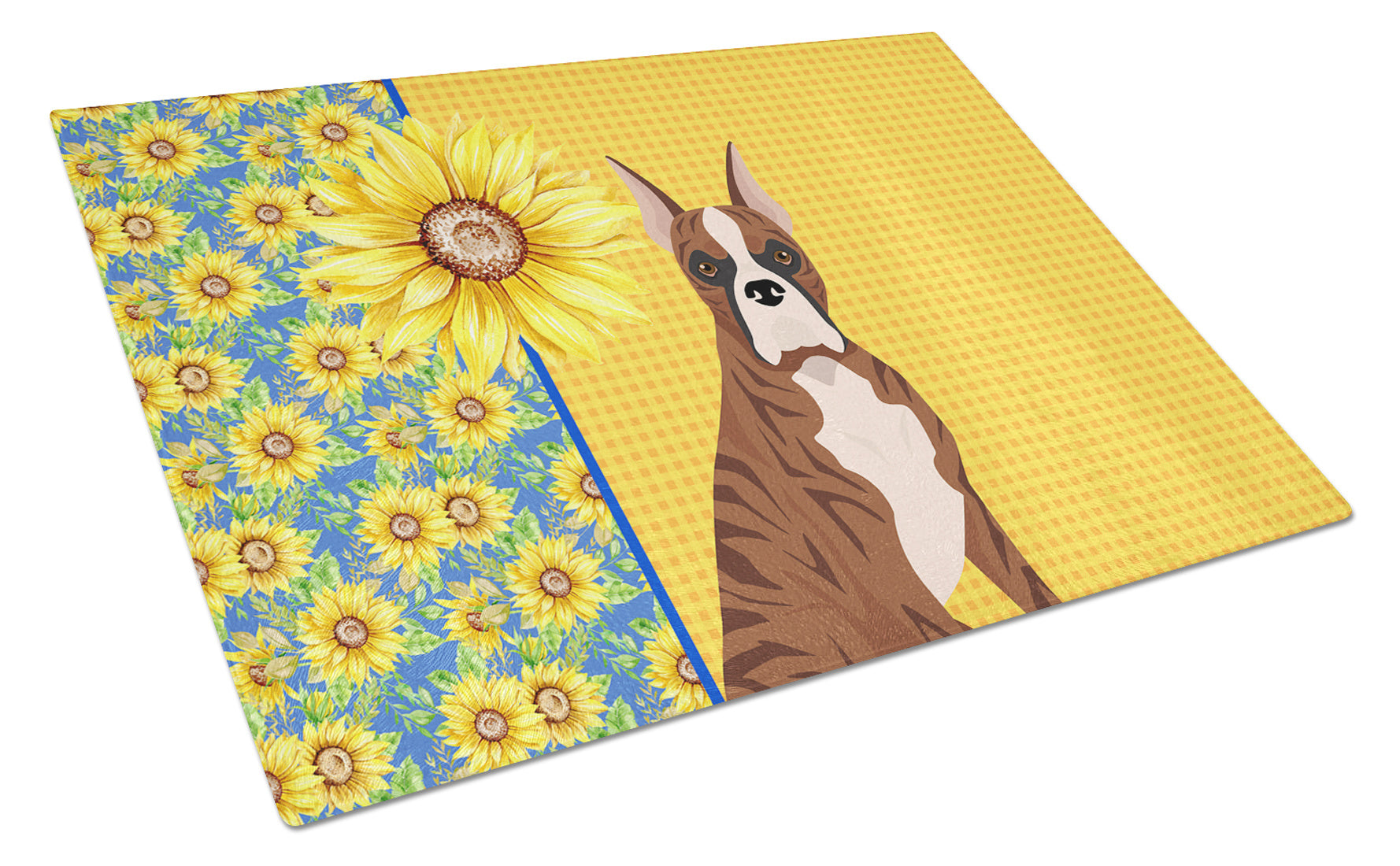 Summer Sunflowers Red Brindle Boxer Glass Cutting Board Decorative Tempered Glass Kitchen Cutting and Serving Board Large Size Chopping Board