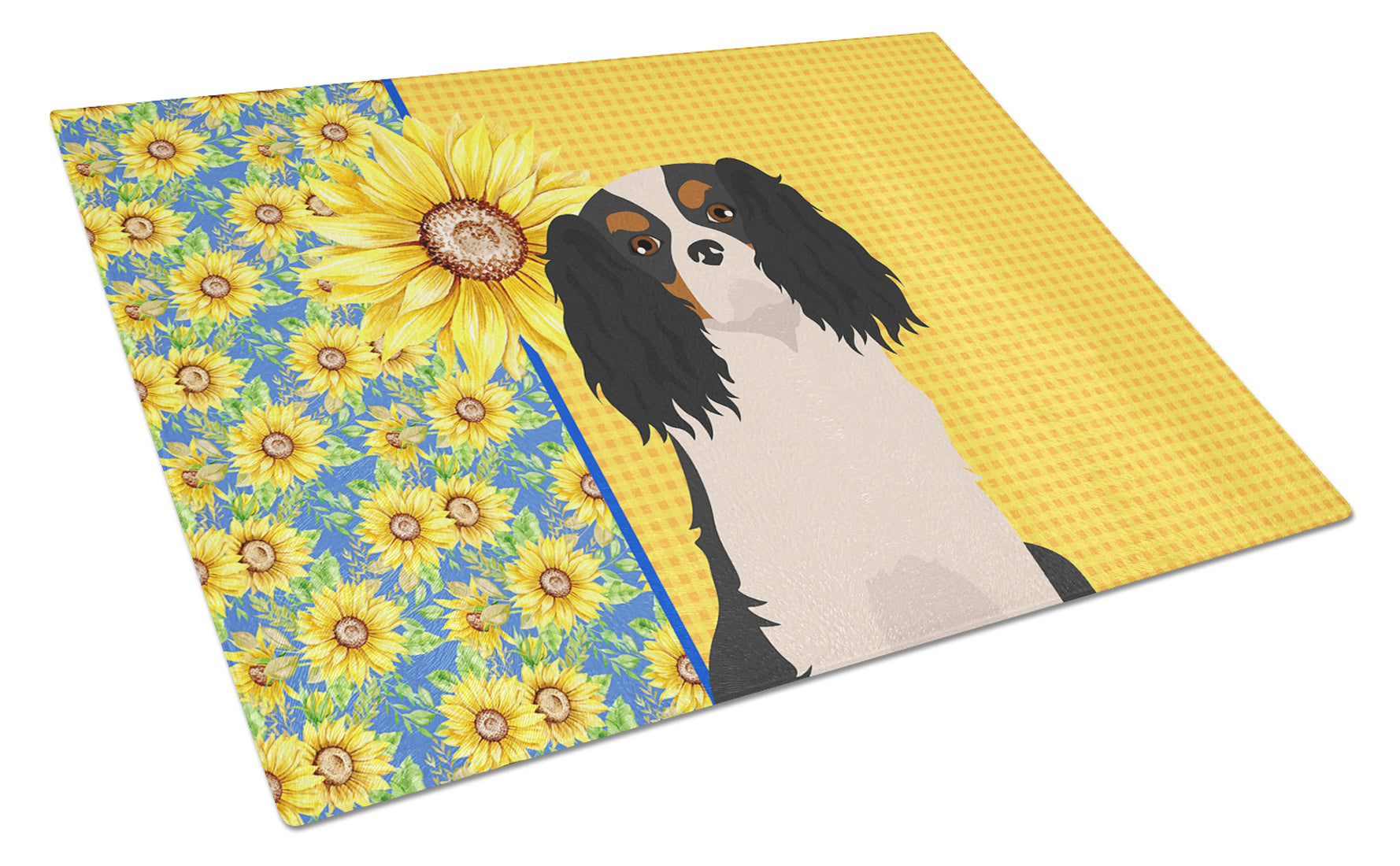 Summer Sunflowers Tricolor Cavalier Spaniel Glass Cutting Board Decorative Tempered Glass Kitchen Cutting and Serving Board Large Size Chopping Board