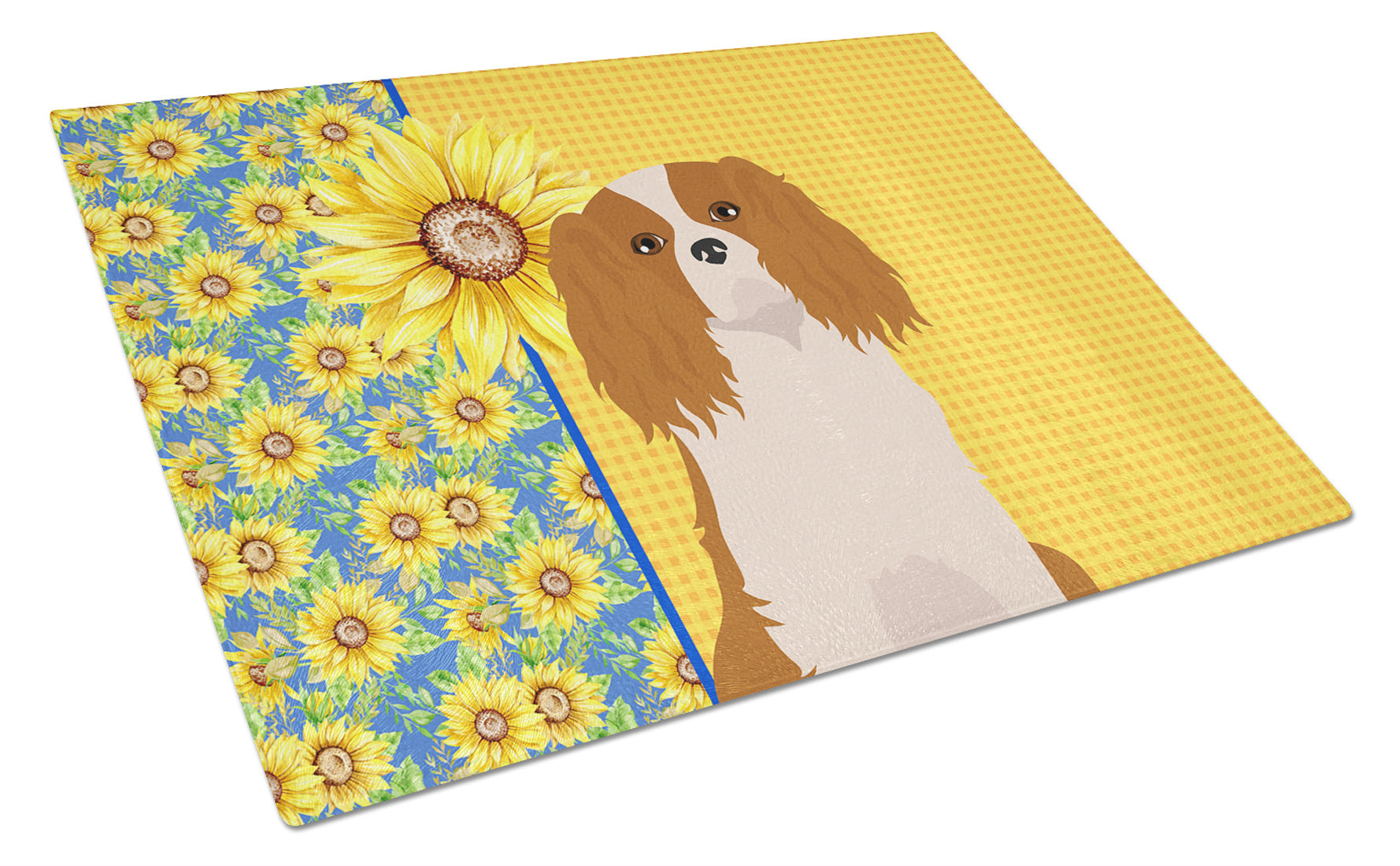 Summer Sunflowers Blenheim Cavalier Spaniel Glass Cutting Board Decorative Tempered Glass Kitchen Cutting and Serving Board Large Size Chopping Board