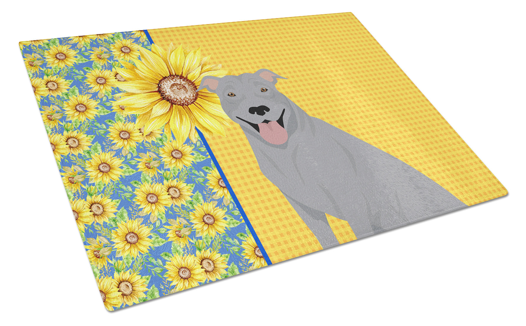 Summer Sunflowers Blue Pit Bull Terrier Glass Cutting Board Decorative Tempered Glass Kitchen Cutting and Serving Board Large Size Chopping Board