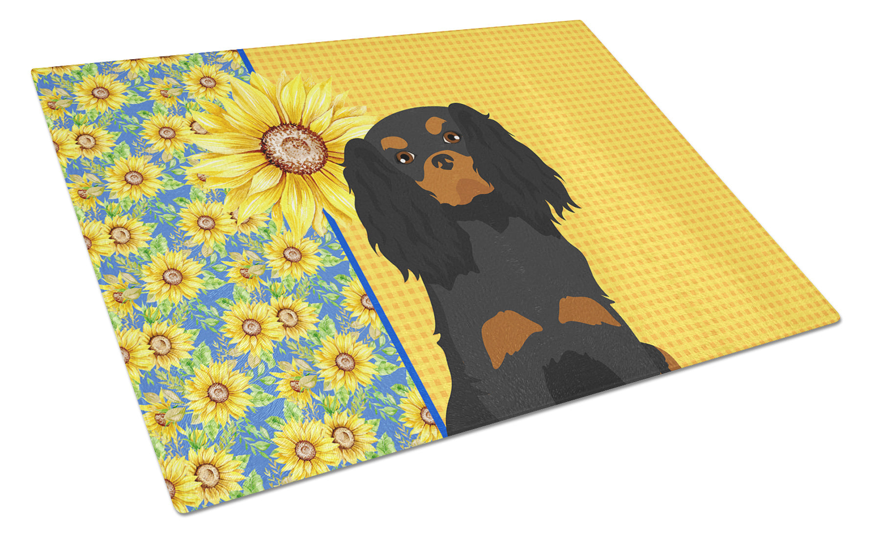 Summer Sunflowers Black and Tan Cavalier Spaniel Glass Cutting Board Decorative Tempered Glass Kitchen Cutting and Serving Board Large Size Chopping Board