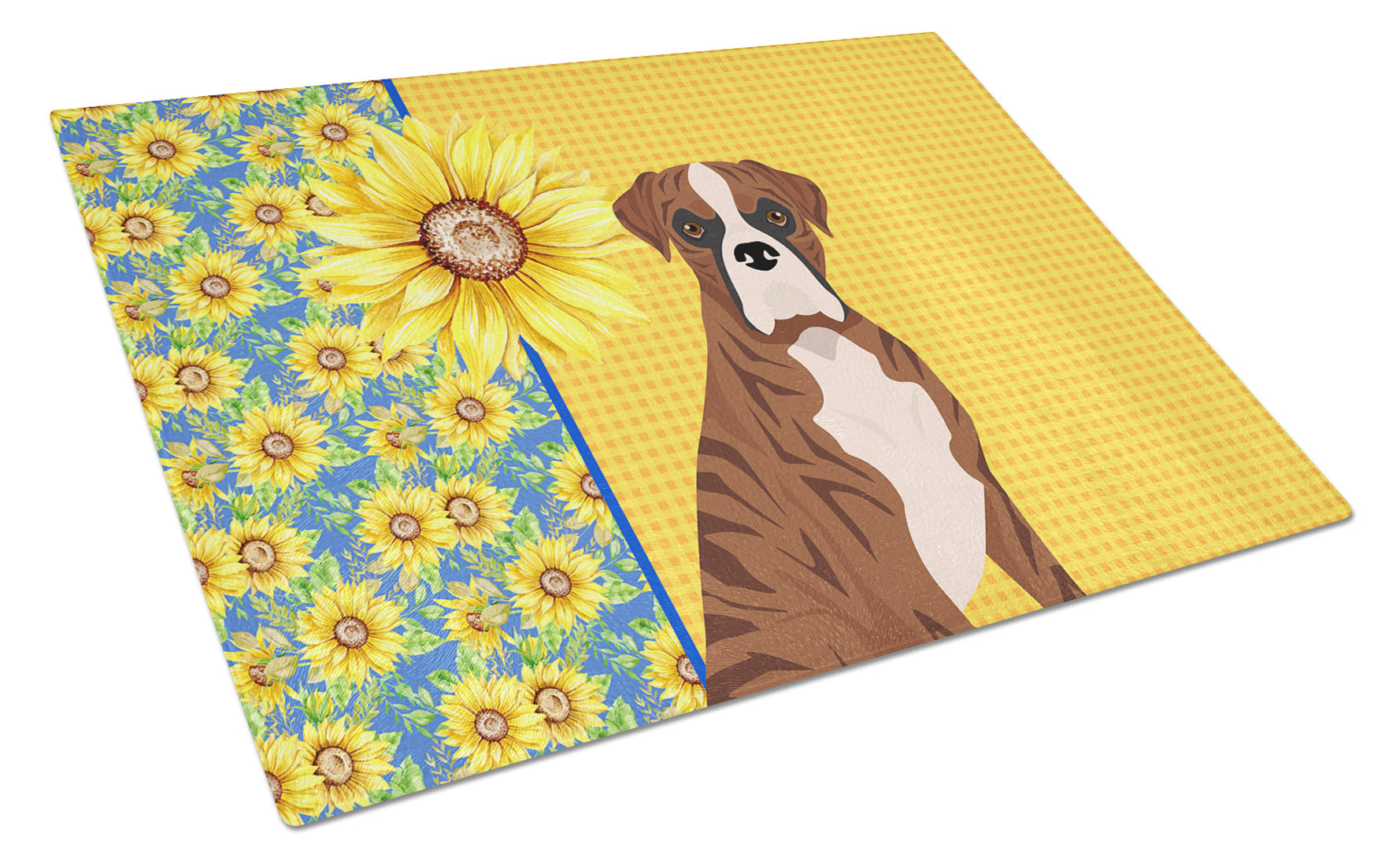 Summer Sunflowers Natural Eared Red Brindle Boxer Glass Cutting Board Decorative Tempered Glass Kitchen Cutting and Serving Board Large Size Chopping Board