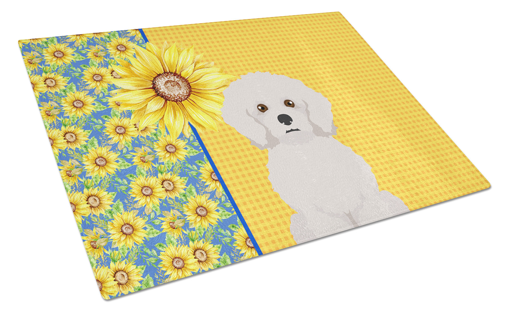 Summer Sunflowers Bichon Frise Glass Cutting Board Decorative Tempered Glass Kitchen Cutting and Serving Board Large Size Chopping Board