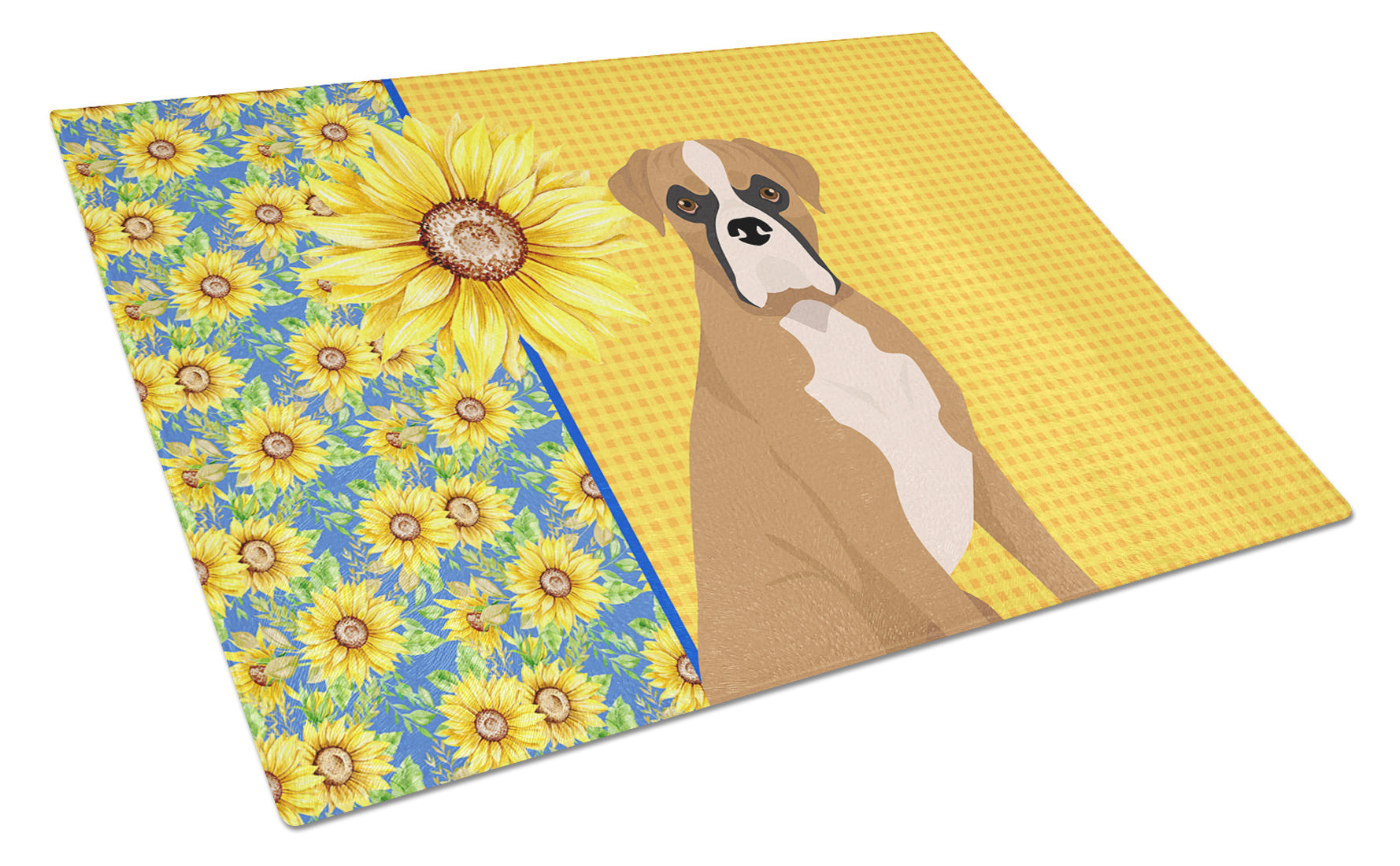 Summer Sunflowers Natural Eared Fawn Boxer Glass Cutting Board Decorative Tempered Glass Kitchen Cutting and Serving Board Large Size Chopping Board