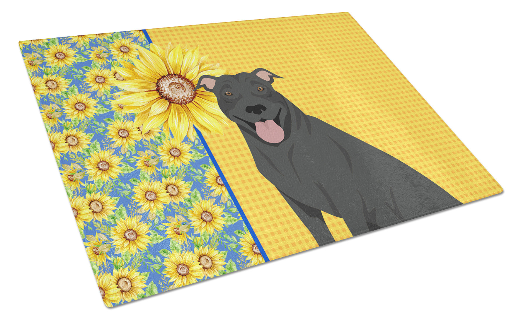 Summer Sunflowers Black Pit Bull Terrier Glass Cutting Board Decorative Tempered Glass Kitchen Cutting and Serving Board Large Size Chopping Board