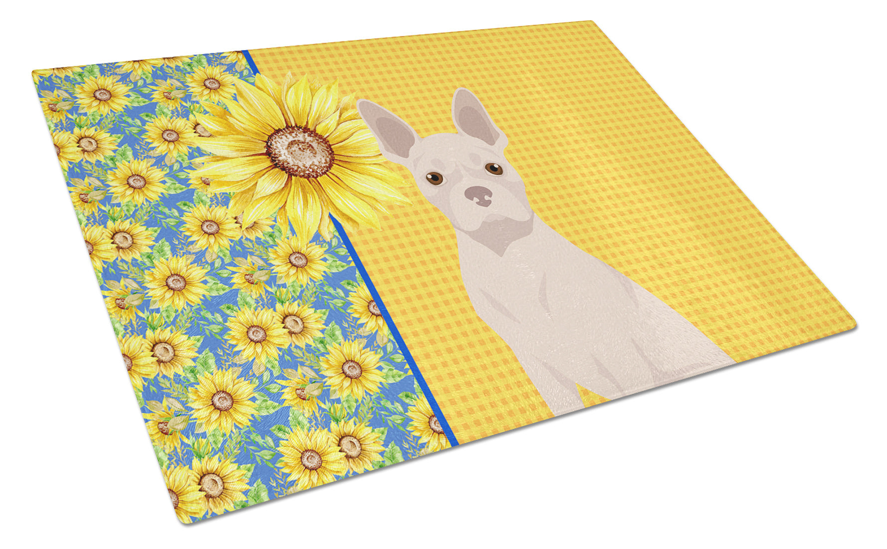 Summer Sunflowers White Boston Terrier Glass Cutting Board Decorative Tempered Glass Kitchen Cutting and Serving Board Large Size Chopping Board