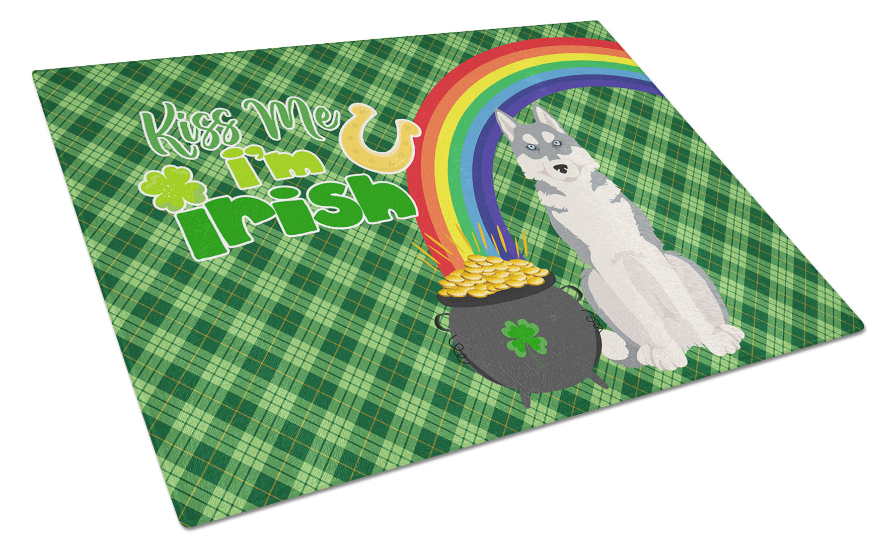 Grey Siberian Husky St. Patrick's Day Glass Cutting Board Decorative Tempered Glass Kitchen Cutting and Serving Board Large Size Chopping Board