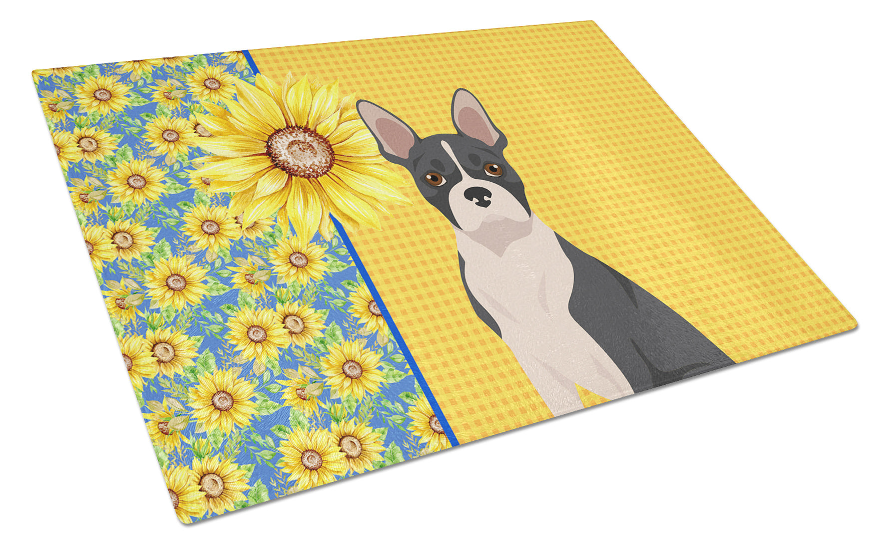 Summer Sunflowers Black Boston Terrier Glass Cutting Board Decorative Tempered Glass Kitchen Cutting and Serving Board Large Size Chopping Board