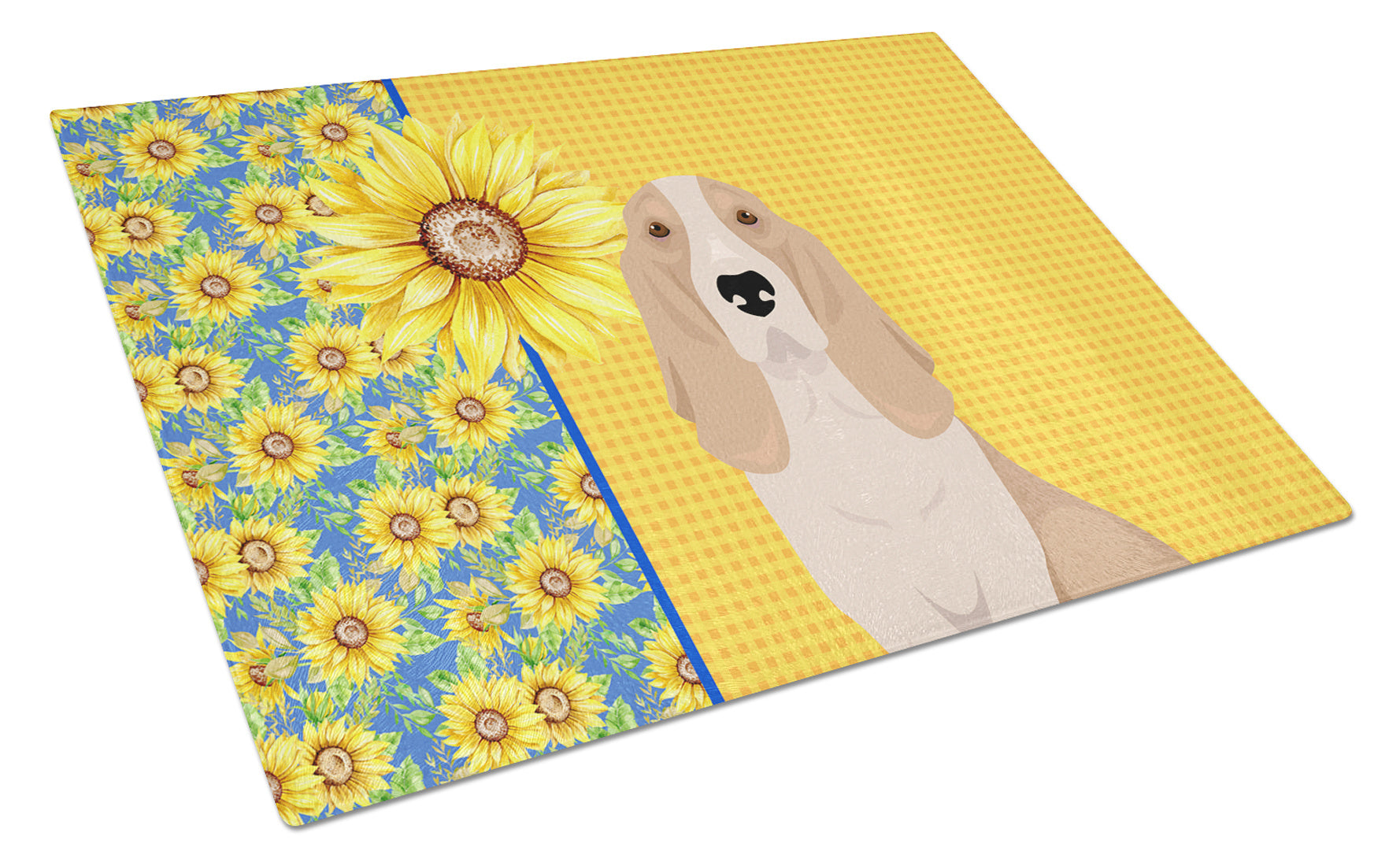 Summer Sunflowers Lemon and White Tricolor Basset Hound Glass Cutting Board Decorative Tempered Glass Kitchen Cutting and Serving Board Large Size Chopping Board