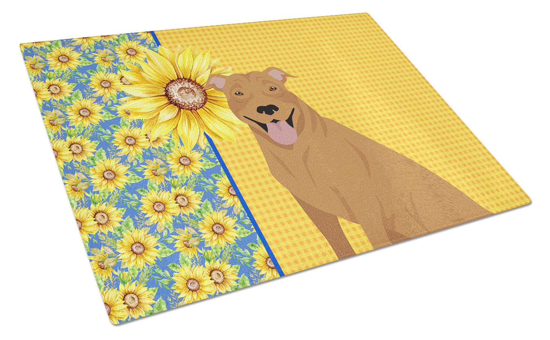 Summer Sunflowers Red Pit Bull Terrier Glass Cutting Board Decorative Tempered Glass Kitchen Cutting and Serving Board Large Size Chopping Board