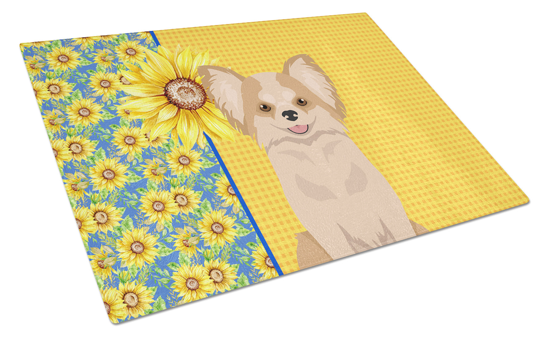 Summer Sunflowers Longhaired Gold and White Chihuahua Glass Cutting Board Decorative Tempered Glass Kitchen Cutting and Serving Board Large Size Chopping Board