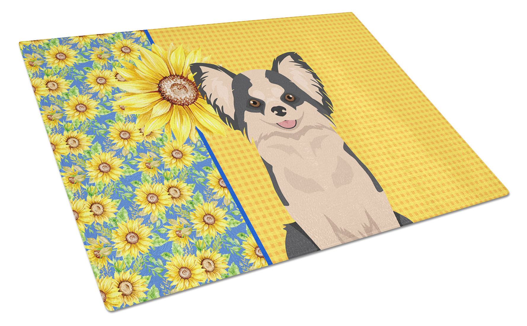 Summer Sunflowers Longhaired Black and White #2 Chihuahua Glass Cutting Board Decorative Tempered Glass Kitchen Cutting and Serving Board Large Size Chopping Board