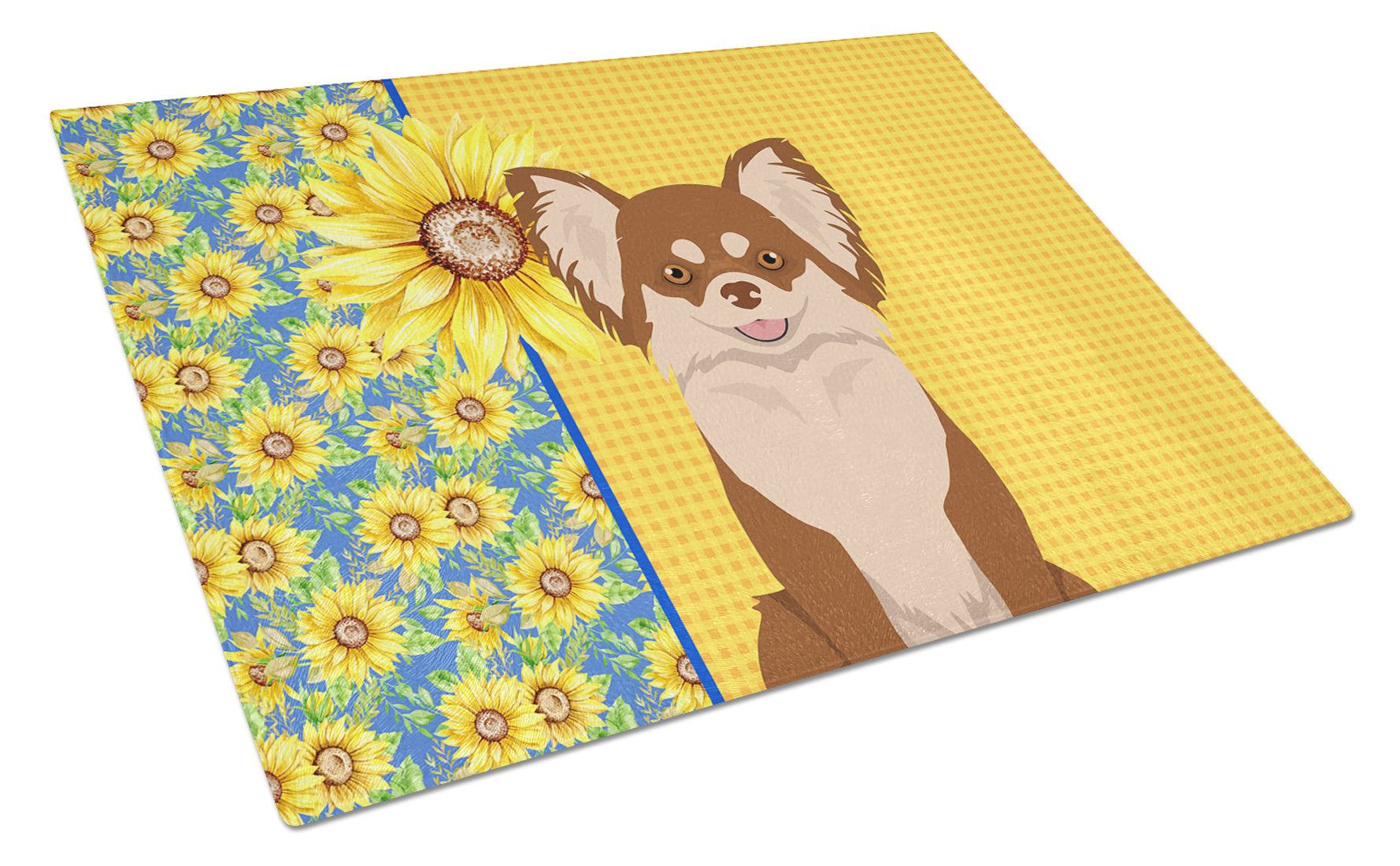 Summer Sunflowers Longhaired Chocolate and White Chihuahua Glass Cutting Board Decorative Tempered Glass Kitchen Cutting and Serving Board Large Size Chopping Board