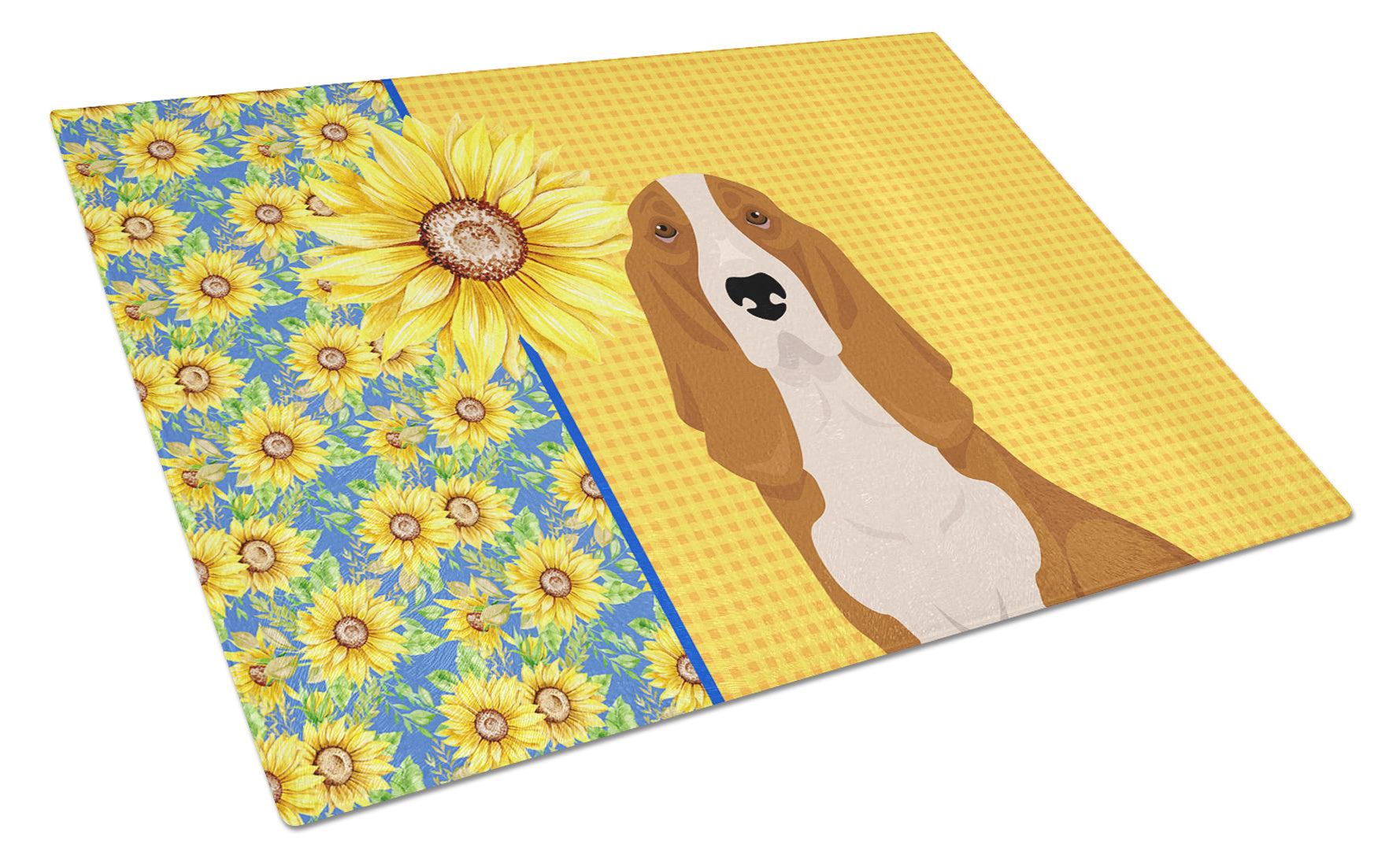 Summer Sunflowers Red and White Tricolor Basset Hound Glass Cutting Board Decorative Tempered Glass Kitchen Cutting and Serving Board Large Size Chopping Board