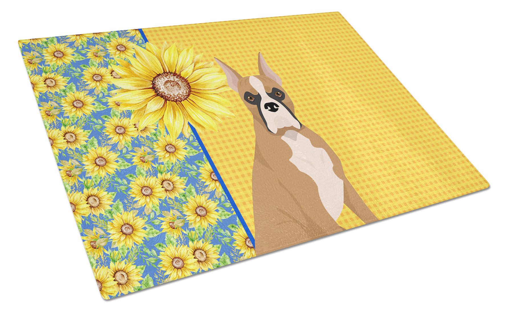 Summer Sunflowers Fawn Boxer Glass Cutting Board Decorative Tempered Glass Kitchen Cutting and Serving Board Large Size Chopping Board