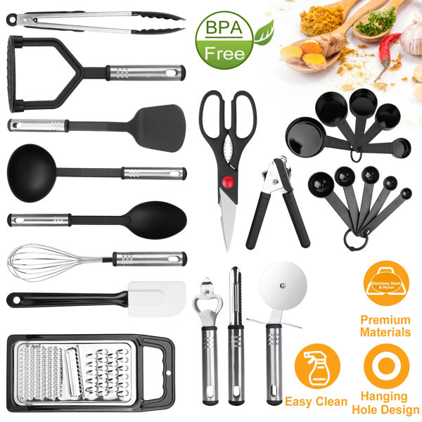 23Pcs Kitchen Utensil Set Stainless Steel Nylon Heat Resistant Cooking Utensil Tool Kit w/ Grater Scraper Tongs Whisk Can Bottle Opener Pizza Cutter Vegetable Peeler Spoon Ladle Turner Spatula Potato