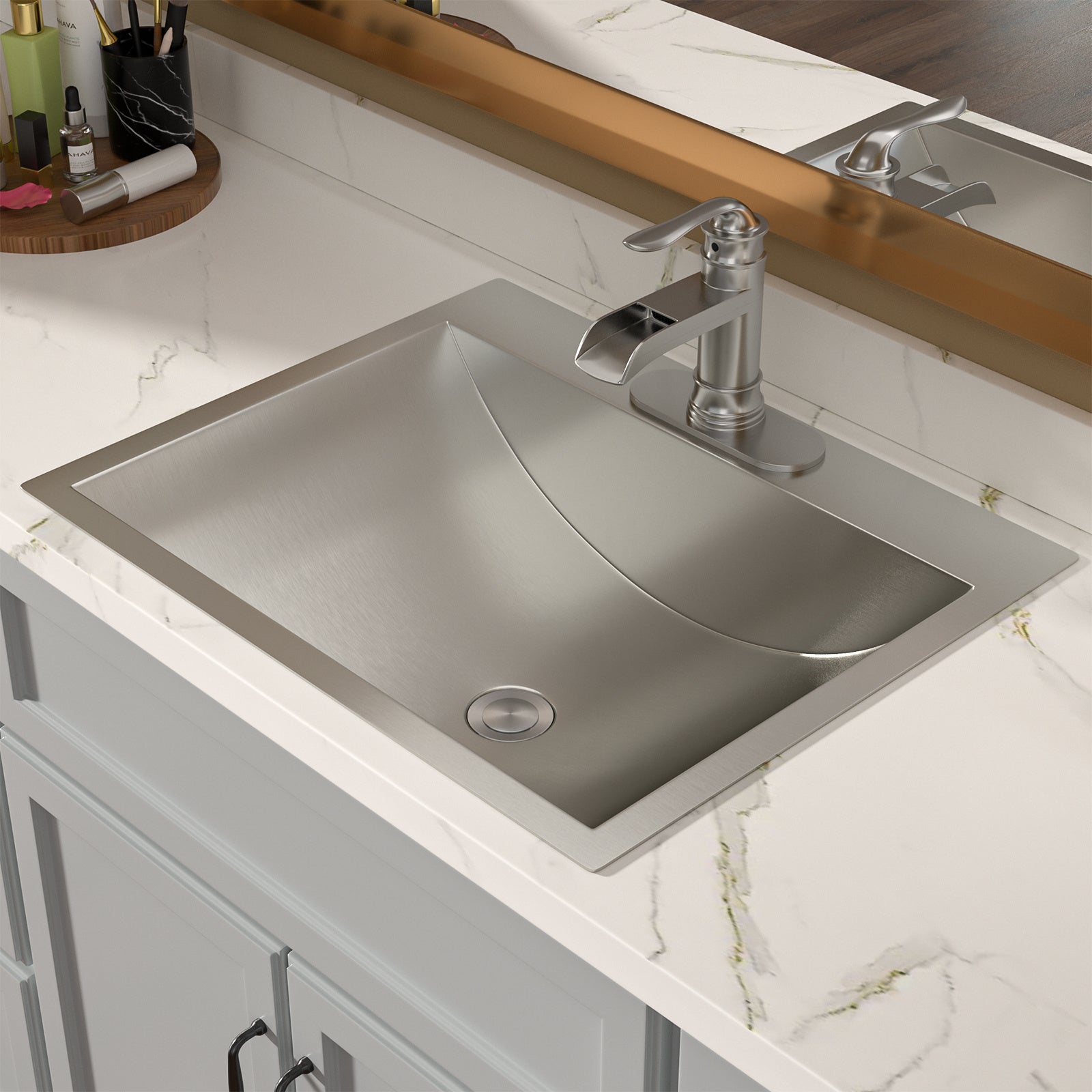 Top Mount Stainless Steel Bathroom Sink Drop -in Rectangle Vessel Basin With Pop-up Drainer (21in.*13in.*6in.)