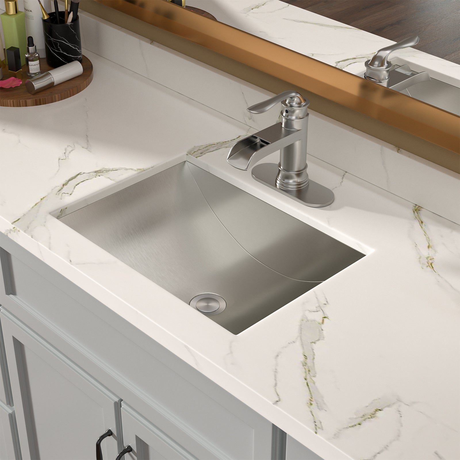 Undermount Stainless Steel Single Bowl Bathroom Basin Rectangle Vessel Sink with Pop Up Drainer(18in.*13in.*5in.)