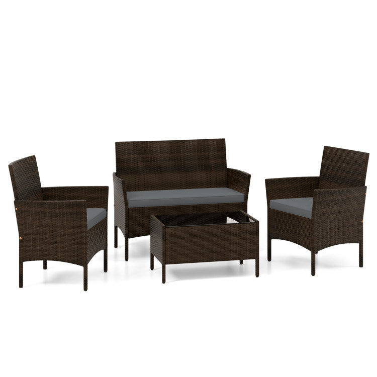 4 Piece Patio Rattan Conversation Set with Cozy Seat Cushions