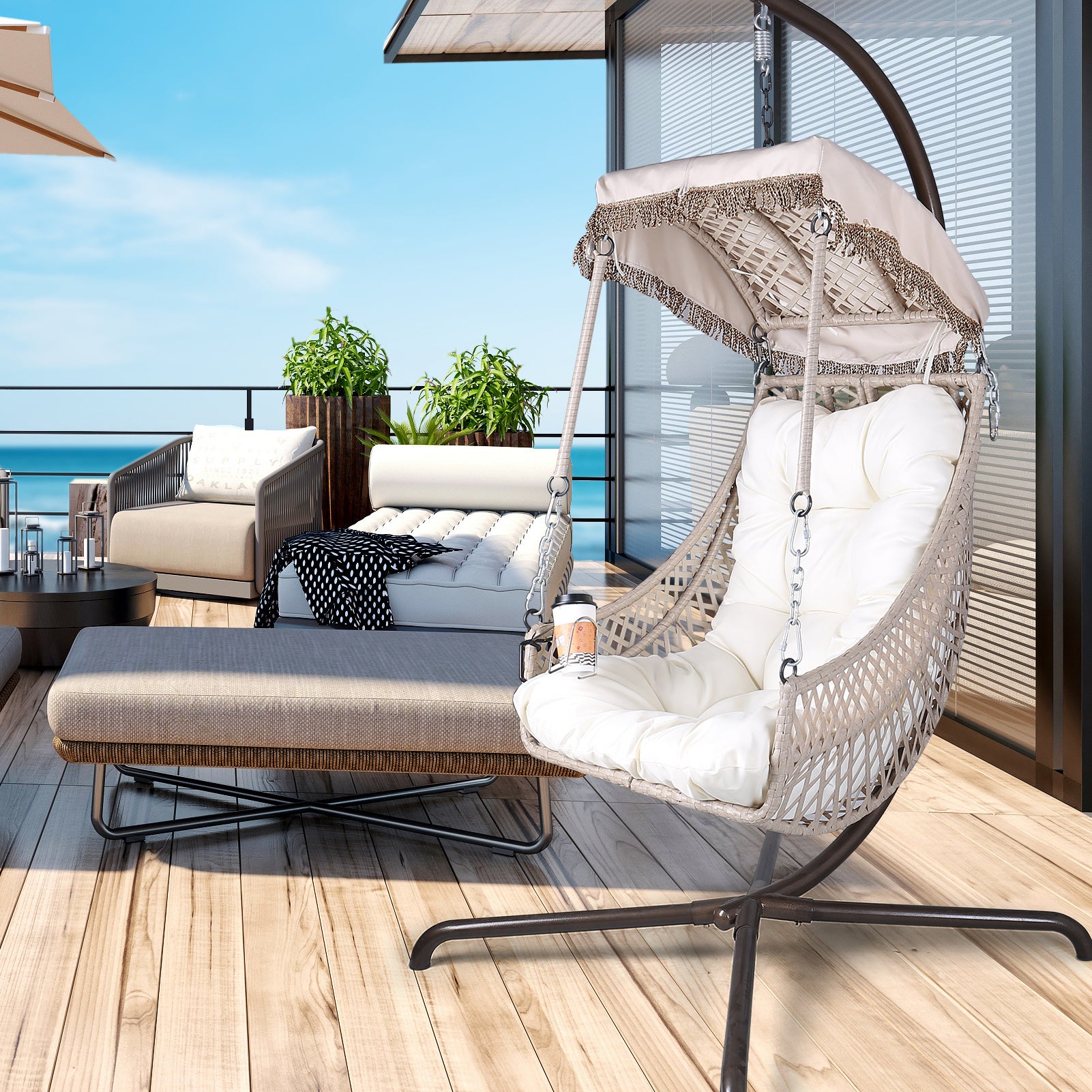 Swing Egg Chair with Stand Indoor Outdoor, UV Resistant Cushion Hanging Chair with Cup Holder, Anti-Rust with Wicker Rattan Frame 350lbs Capacity Hammock Chair for Patio Bedroom-Beige, New Design