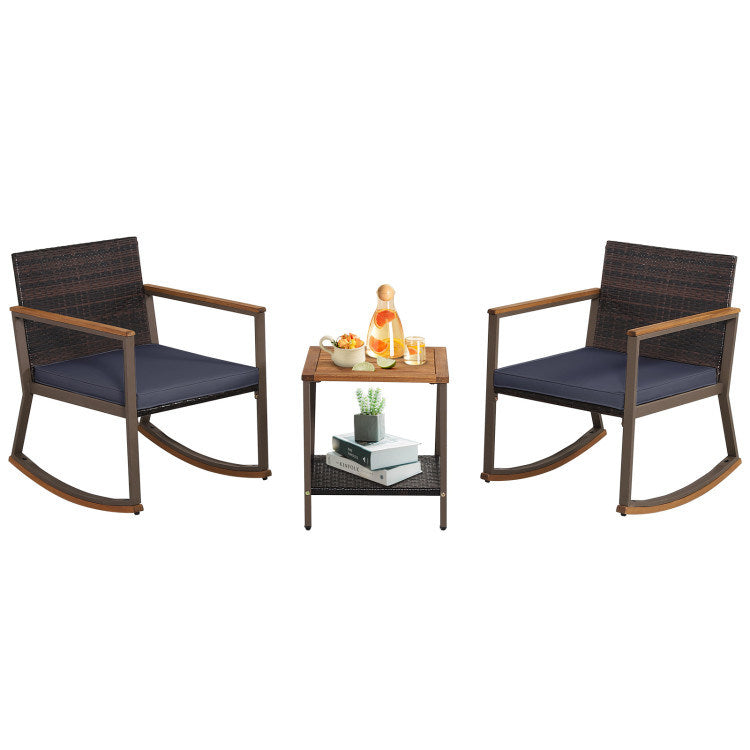 3 Pieces Rattan Rocking Bistro Set with Coffee Table and Cushions