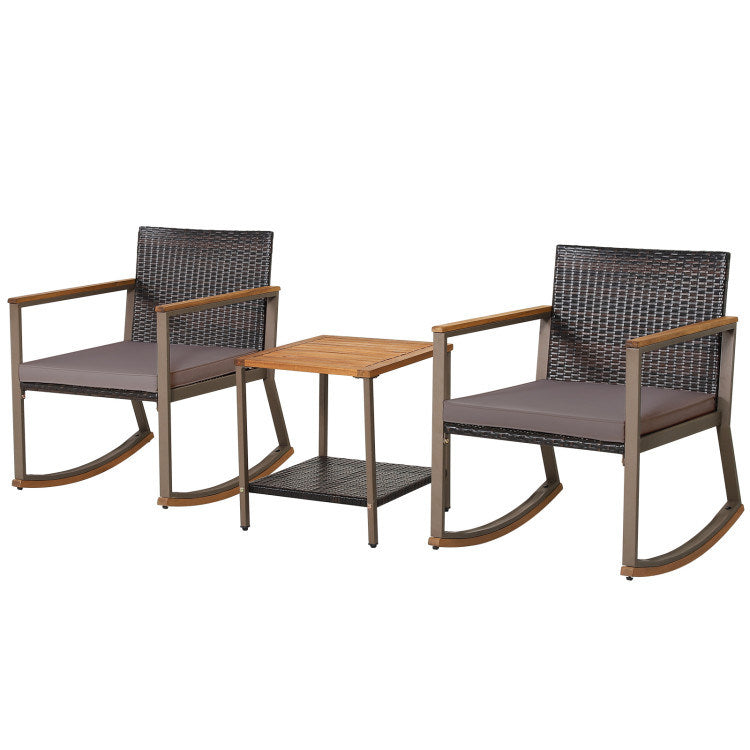 3 Pieces Rattan Rocking Bistro Set with Coffee Table and Cushions