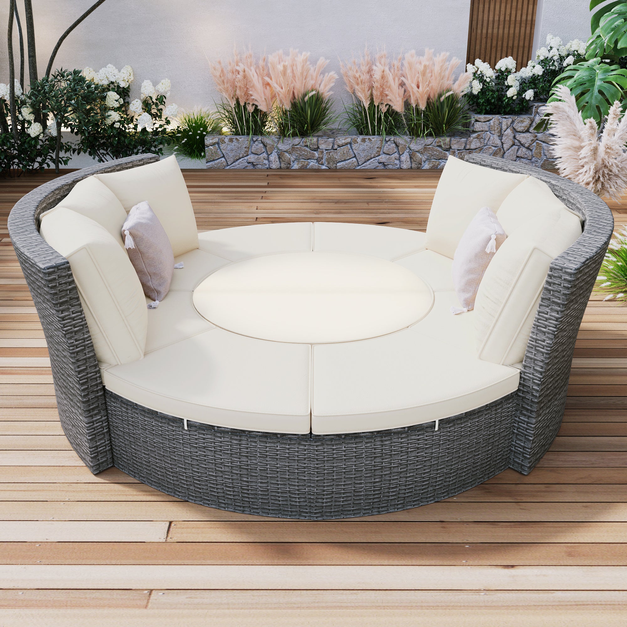 Patio 5-Piece Round Rattan Sectional Sofa Set All-Weather PE Wicker Sunbed Daybed with Round Liftable Table and Washable Cushions for Outdoor Backyard Poolside