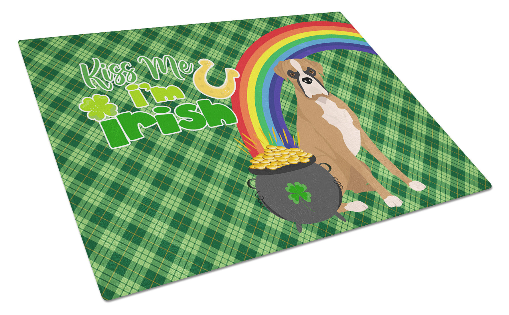 Natural Eared Fawn Boxer St. Patrick's Day Glass Cutting Board Decorative Tempered Glass Kitchen Cutting and Serving Board Large Size Chopping Board