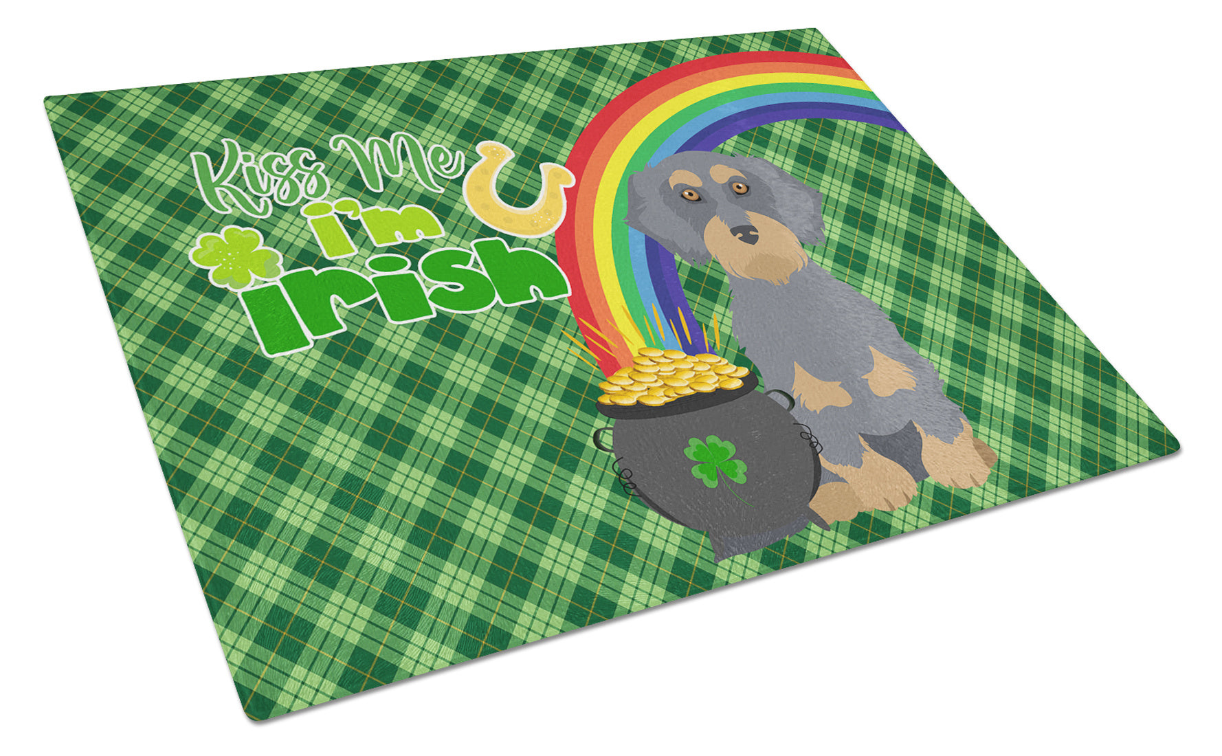 Wirehair Blue and Tan Dachshund St. Patrick's Day Glass Cutting Board Decorative Tempered Glass Kitchen Cutting and Serving Board Large Size Chopping Board