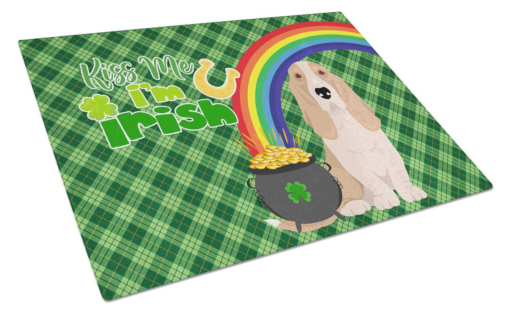 Lemon and White Tricolor Basset Hound St. Patrick's Day Glass Cutting Board Decorative Tempered Glass Kitchen Cutting and Serving Board Large Size Chopping Board