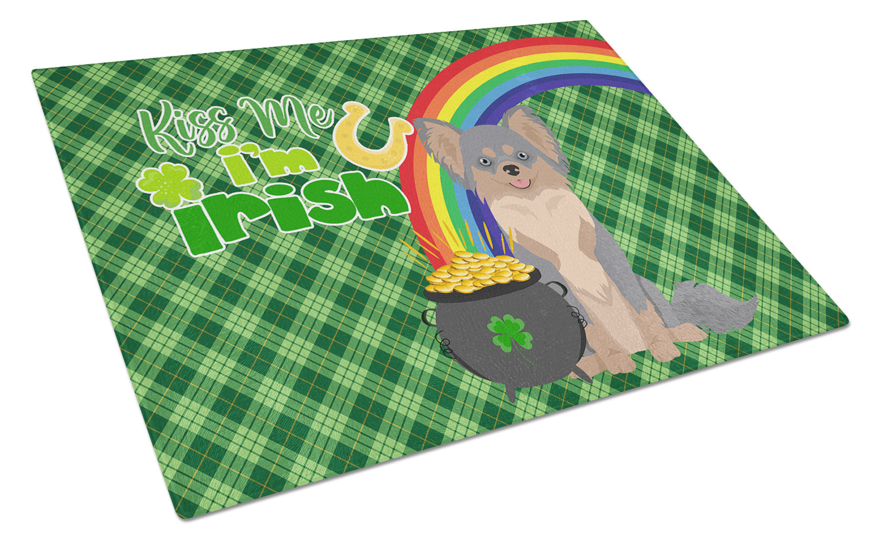 Longhaired Blue and Tan Chihuahua St. Patrick's Day Glass Cutting Board Decorative Tempered Glass Kitchen Cutting and Serving Board Large Size Chopping Board