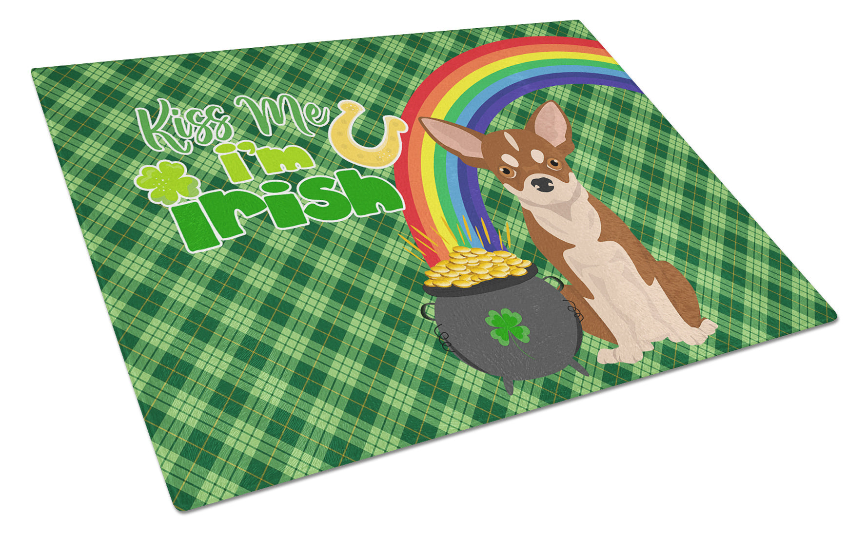 Red and White Chihuahua St. Patrick's Day Glass Cutting Board Decorative Tempered Glass Kitchen Cutting and Serving Board Large Size Chopping Board