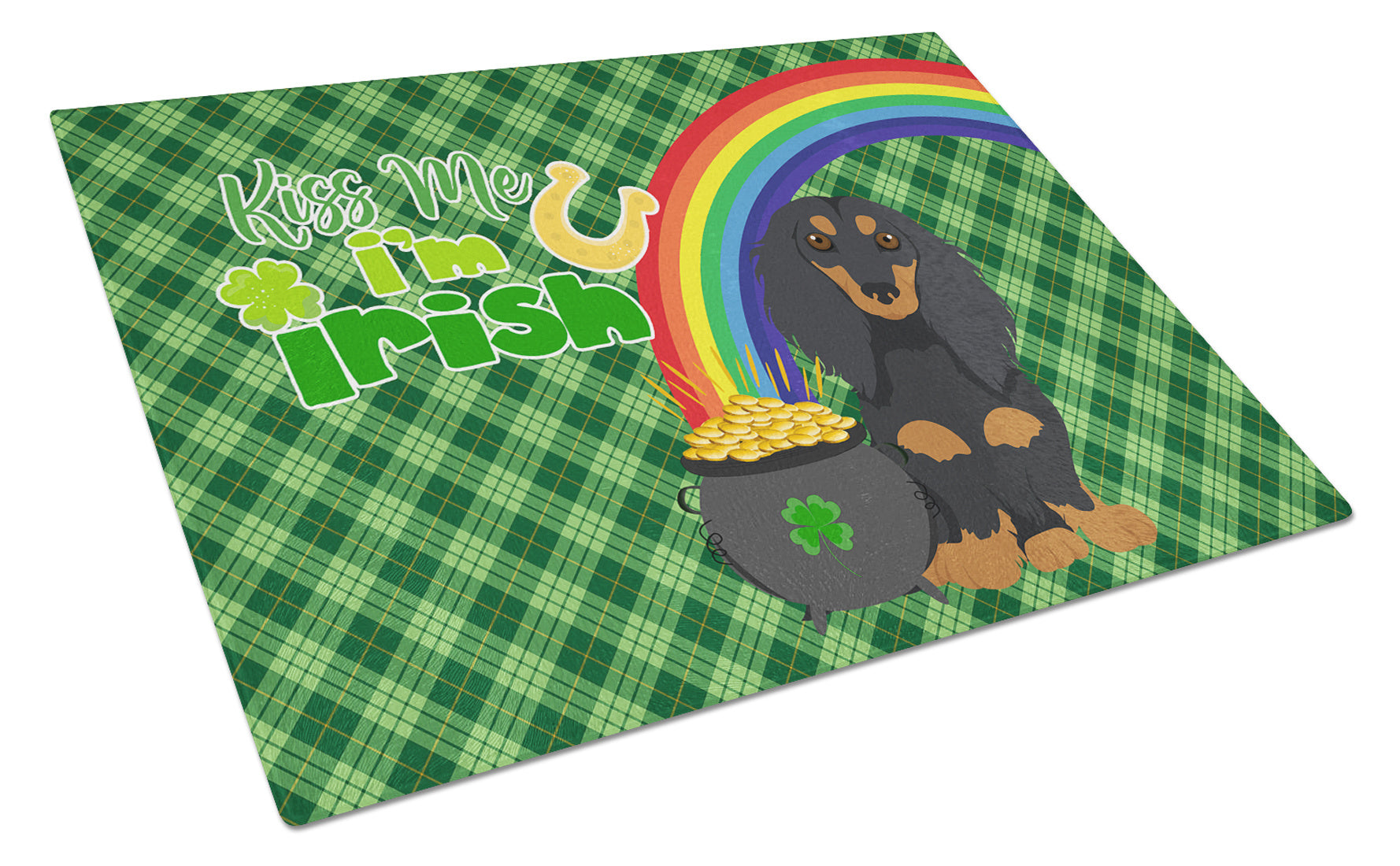 Longhair Black and Tan Dachshund St. Patrick's Day Glass Cutting Board Decorative Tempered Glass Kitchen Cutting and Serving Board Large Size Chopping Board