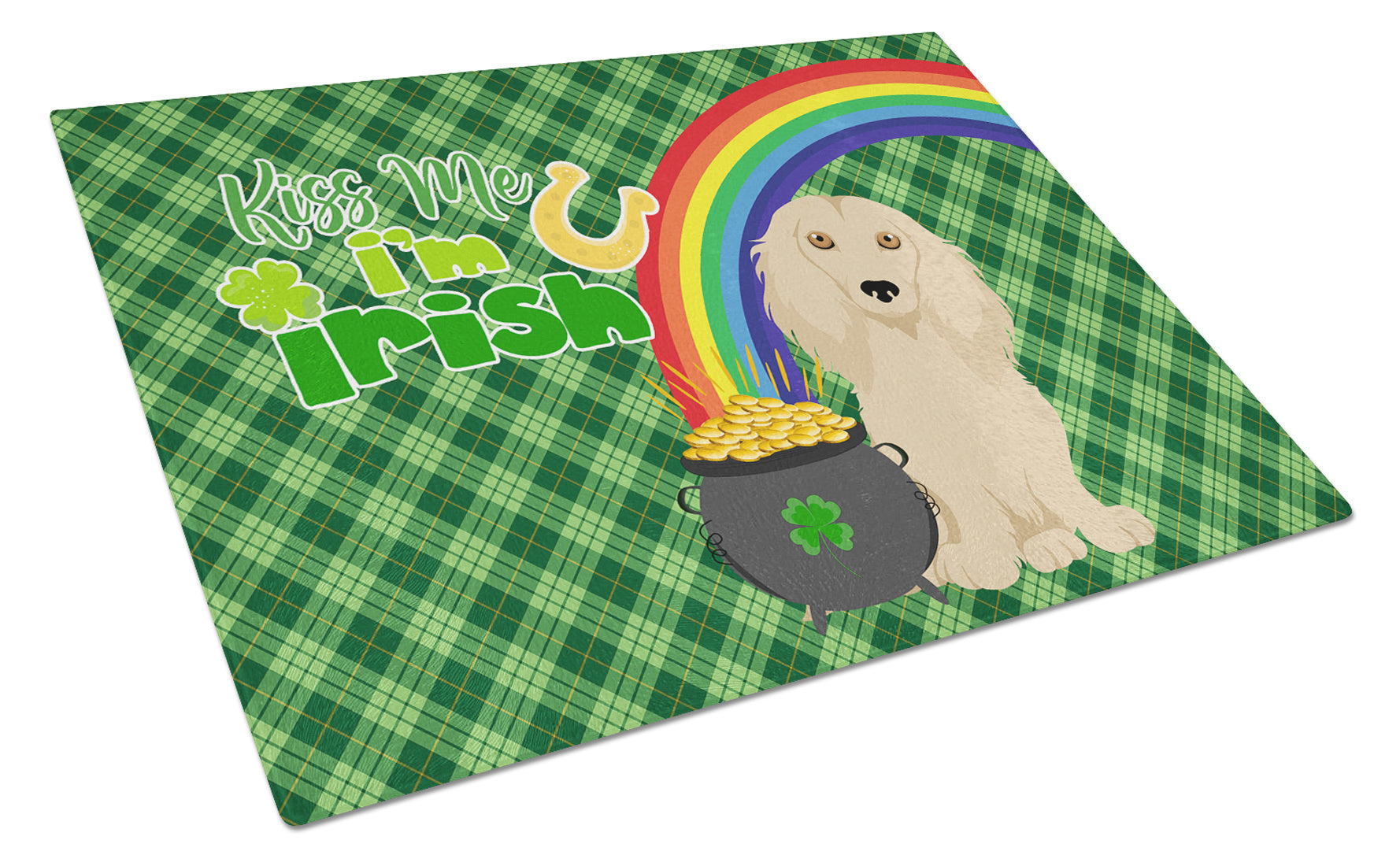 Longhair Cream Dachshund St. Patrick's Day Glass Cutting Board Decorative Tempered Glass Kitchen Cutting and Serving Board Large Size Chopping Board