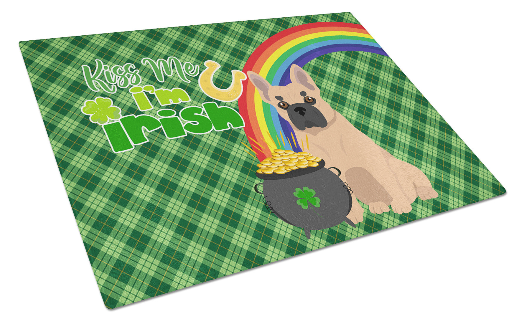 Fawn French Bulldog St. Patrick's Day Glass Cutting Board Decorative Tempered Glass Kitchen Cutting and Serving Board Large Size Chopping Board