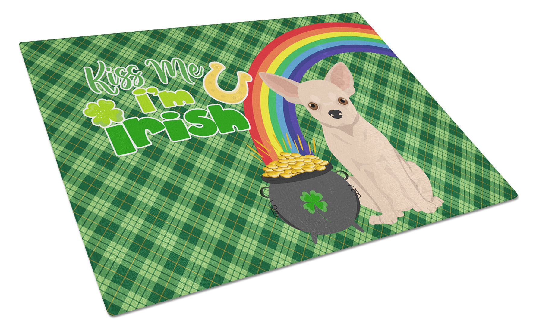 Fawn Chihuahua St. Patrick's Day Glass Cutting Board Decorative Tempered Glass Kitchen Cutting and Serving Board Large Size Chopping Board