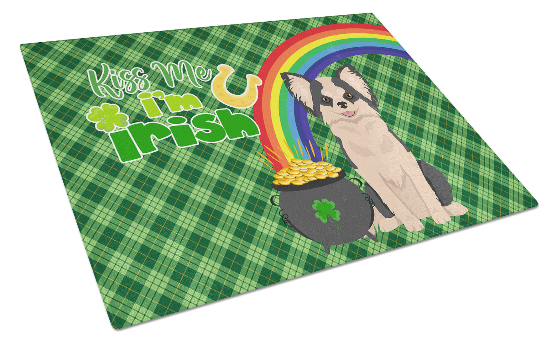 Longhaired Black and White #2 Chihuahua St. Patrick's Day Glass Cutting Board Decorative Tempered Glass Kitchen Cutting and Serving Board Large Size Chopping Board