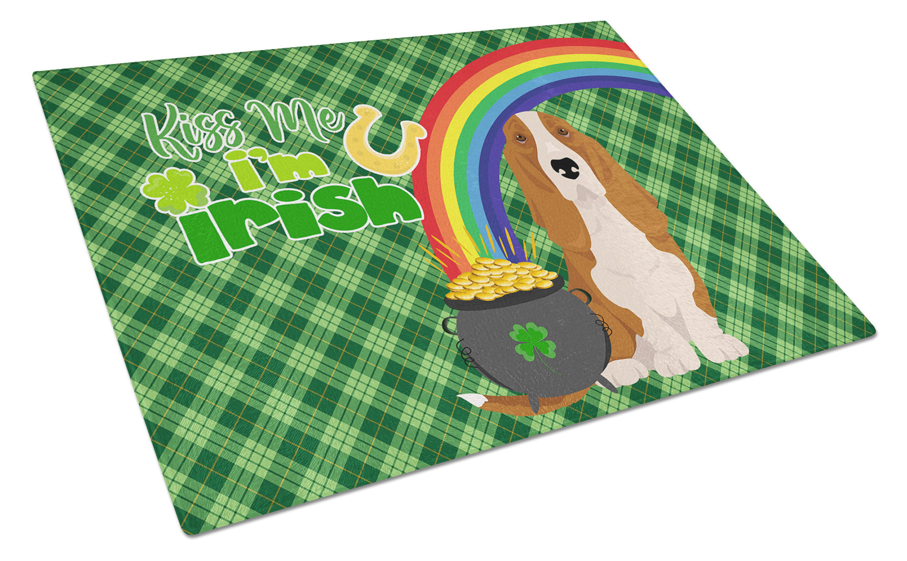 Red and White Tricolor Basset Hound St. Patrick's Day Glass Cutting Board Decorative Tempered Glass Kitchen Cutting and Serving Board Large Size Chopping Board