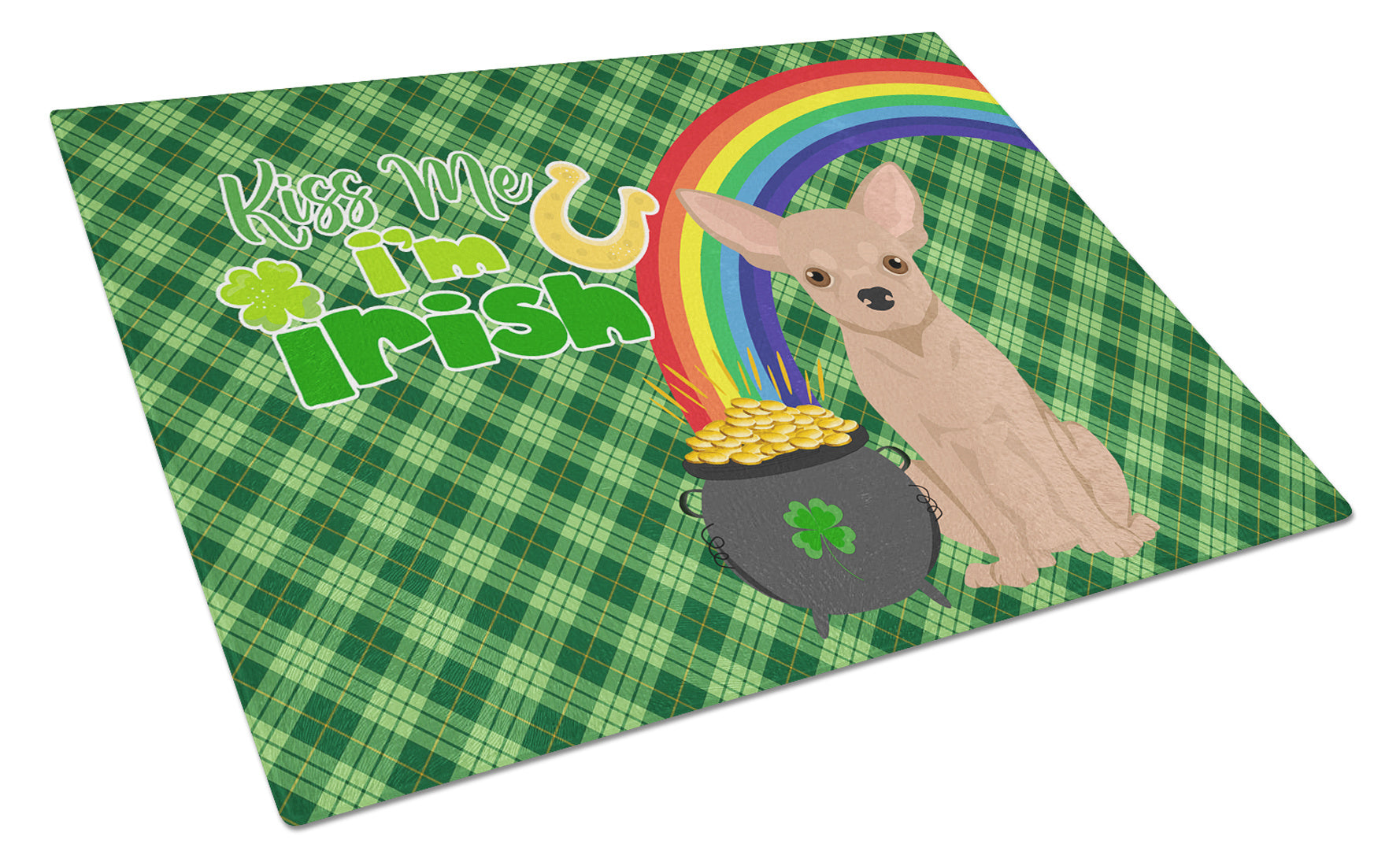 Cream Chihuahua St. Patrick's Day Glass Cutting Board Decorative Tempered Glass Kitchen Cutting and Serving Board Large Size Chopping Board